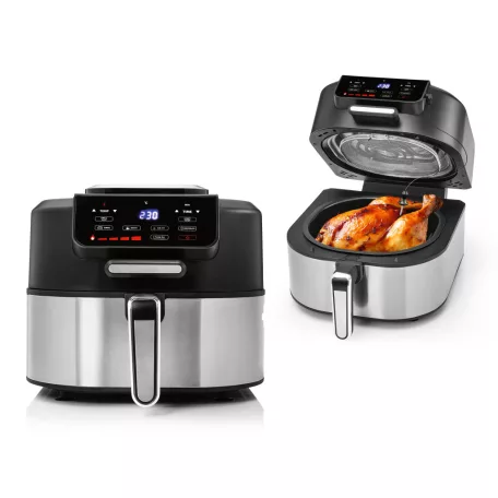 GOURMETmaxx FryBBQ inox 2 az 1-ben 360° digitális Air Fryer és BBQ grill 2000W, 5L kosárrral, érintőkijelzővel és húshőmérővel (19177)