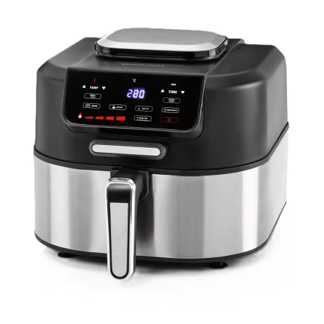 GOURMETmaxx FryBBQ inox 2 az 1-ben 360° digitális Air Fryer és BBQ grill 2000W, 5L kosárrral, érintőkijelzővel és húshőmérővel (19177)
