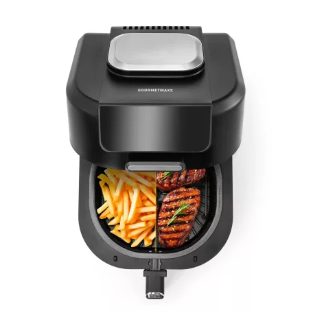 GOURMETmaxx FryBBQ inox 2 az 1-ben 360° digitális Air Fryer és BBQ grill 2000W, 5L kosárrral, érintőkijelzővel és húshőmérővel (19177)
