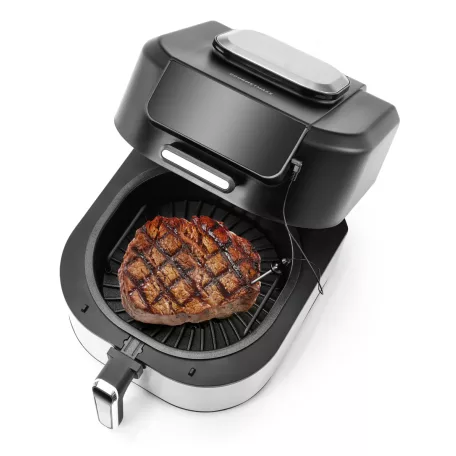 GOURMETmaxx FryBBQ inox 2 az 1-ben 360° digitális Air Fryer és BBQ grill 2000W, 5L kosárrral, érintőkijelzővel és húshőmérővel (19177)