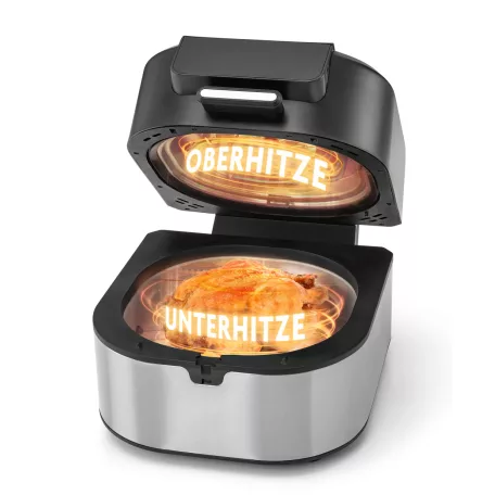 GOURMETmaxx FryBBQ inox 2 az 1-ben 360° digitális Air Fryer és BBQ grill 2000W, 5L kosárrral, érintőkijelzővel és húshőmérővel (19177)
