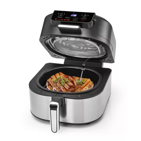 GOURMETmaxx FryBBQ inox 2 az 1-ben 360° digitális Air Fryer és BBQ grill 2000W, 5L kosárrral, érintőkijelzővel és húshőmérővel (19177)