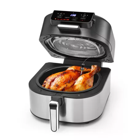GOURMETmaxx FryBBQ inox 2 az 1-ben 360° digitális Air Fryer és BBQ grill 2000W, 5L kosárrral, érintőkijelzővel és húshőmérővel (19177)