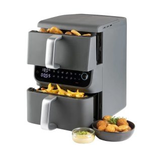   GourmetMaxx DS-16404 Fry Up Air Fryer 2500W 3.5L + 6.5L családi, 10 literes XXL digitális AirFryer 2 függőleges fiókkal, LCD kijelzővel, 10 programmal, kompakt méretben 8 személynek