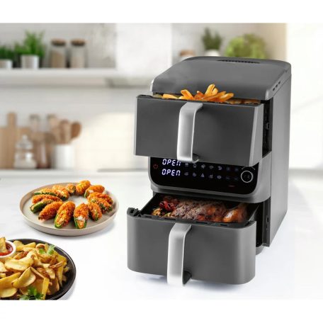GourmetMaxx DS-16404 Fry Up Air Fryer 2500W 3.5L + 6.5L családi, 10 literes XXL digitális AirFryer 2 függőleges fiókkal, LCD kijelzővel, 10 programmal, kompakt méretben 8 személynek