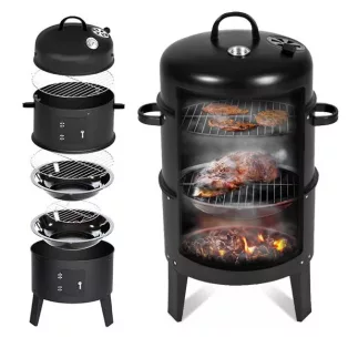   BBQ Grill Meister Kansas / GardenMeister 3 in 1 Smoker Grill, Füstölő grill | Hausmeister GM 2005 BBQ multifunkciós faszenes kerti grill, füstölőkemence, 52 x 40 x 80 cm 3 szintes grillsütő és füstölő