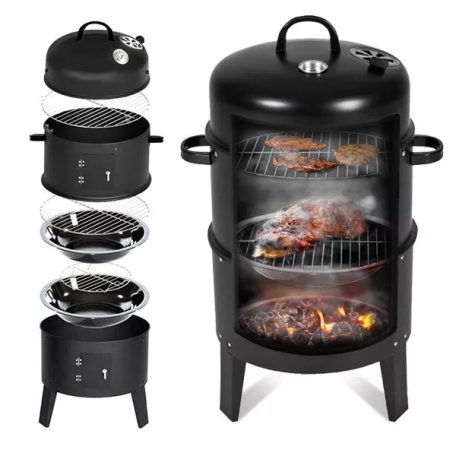 Grill Meister Kansas 3 in 1 BBQ Smoker Grill 3 az 1-ben multifunkciós faszenes kerti grill, füstölőkemence, 52 x 40 x 80 cm 3 szintes grillsütő és füstölő