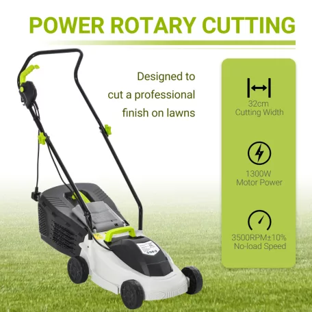 GardenStar 1300W 32 cm elektromos fűnyíró, fűgyűjtős fűnyírógép 3 vágásmagasság fokozattal 25 / 40 / 55 mm, 25L fűgyűjtővel (LM-1300-32)