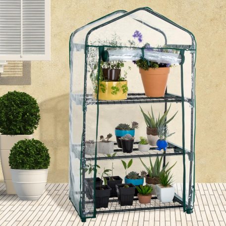 GardenStar 69 x 125 x 49 cm kompakt hobby kerti melegház, palántanevelő fólia, fóliasátor 3 polccal, víztiszta, áttetsző fóliával, zöld fém vázzal