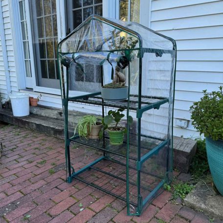 GardenStar 69 x 125 x 49 cm kompakt hobby kerti melegház, palántanevelő fólia, fóliasátor 3 polccal, víztiszta, áttetsző fóliával, zöld fém vázzal