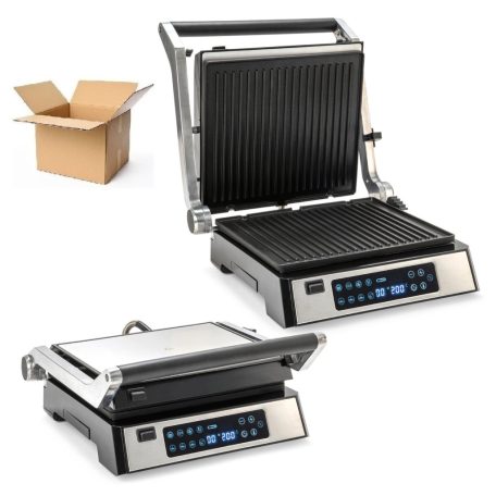 BONTOTT, SÉRÜLT Ambiano GTSF-KG03 inox nemesacél 2200W elektromos digitális kontaktgrill, asztali kontakt grill kivehető 30 x 26 cm sütőlapokkal, húshőmérővel