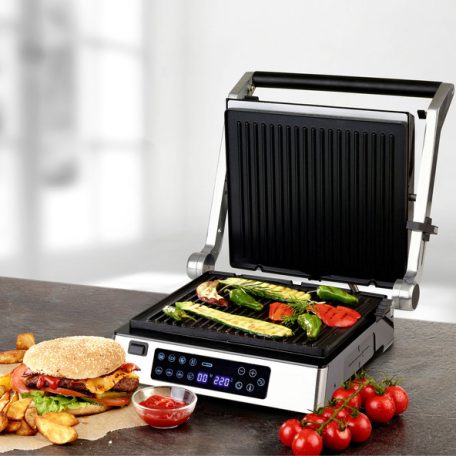 Ambiano GTSF-KG03 inox nemesacél 2200W elektromos digitális kontaktgrill, asztali kontakt grill kivehető 30 x 26 cm sütőlapokkal, húshőmérővel