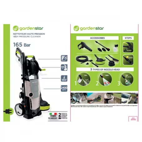 GardenStar GS-165 Home & Car Kit 165 bar 2400W magasnyomású mosó, sterimo teraszmosó kefével, szennymaró szórófejjel, autómosó kefével és forgó körkefével