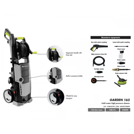 GardenStar GS-165 Home & Car Kit 165 bar 2400W magasnyomású mosó, sterimo teraszmosó kefével, szennymaró szórófejjel, autómosó kefével és forgó körkefével