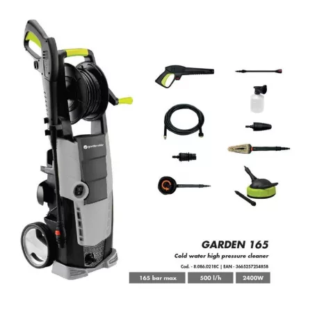 GardenStar GS-165 Home & Car Kit 165 bar 2400W magasnyomású mosó, sterimo teraszmosó kefével, szennymaró szórófejjel, autómosó kefével és forgó körkefével