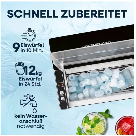 GOURMETmaxx 15610 / 2026 fekete 115W 1.5L háztartási jégkocka készítő gép, jégkockagép 12 kg / 24 óra