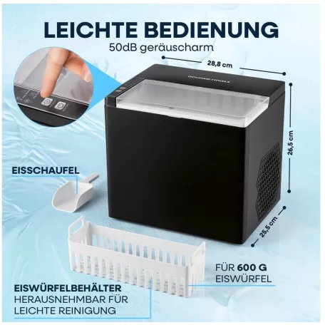 GOURMETmaxx 15610 / 2026 fekete 115W 1.5L háztartási jégkocka készítő gép, jégkockagép 12 kg / 24 óra