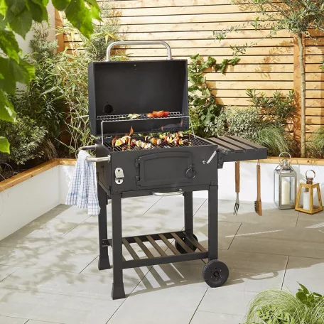 Grill Master American Grill Charcoal BBQ XL faszenes amerikai típusú grill, kerti grillező, grillsütő 12 főre, 42 x 58 cm grillfelülettel és védőhuzattal