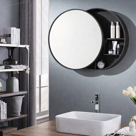 Home Creation 848603 fürdőszobai kerek tükrös bambusz szekrény, 50 x 13 cm fekete fali polc mindkét irányba eltolható tükörlappal