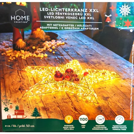 Home Creation XXL 50 cm csillag IP44 kültéri / beltéri fém, melegfehér LED csillag fénykoszorú, 1100 db LED-el világító ötágú csillag fényedkoráció 6 órás időzítővel