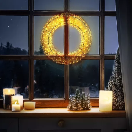Home Creation XXL 50 cm koszorú IP44 kültéri / beltéri fém, melegfehér LED fénykoszorú, 1100 db LED-el világító kerek fényedkoráció 6 órás időzítővel