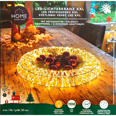 Home Creation XXL 50 cm koszorú IP44 kültéri / beltéri fém, melegfehér LED fénykoszorú, 1100 db LED-el világító kerek fényedkoráció 6 órás időzítővel