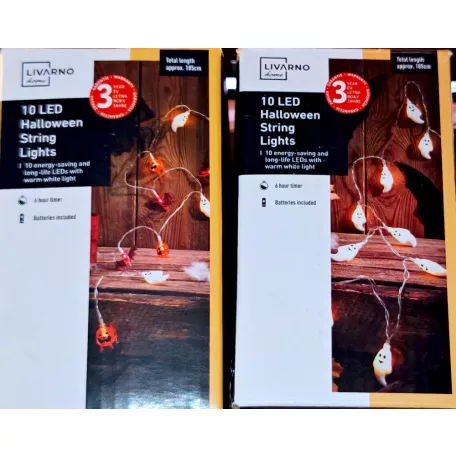 Livarno Home 10 LED Halloween SPIRIT Strings Light 185 cm elemes szellem / tök / denevér fényfüzér 6 órás időzítővel, 10 db halloweeni motívummal (HG13258C)