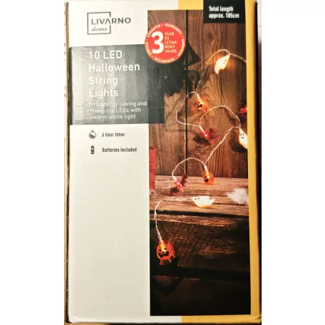 Livarno Home 10 LED Halloween SPIRIT Strings Light 185 cm elemes szellem / tök / denevér fényfüzér 6 órás időzítővel, 10 db halloweeni motívummal (HG13258C)
