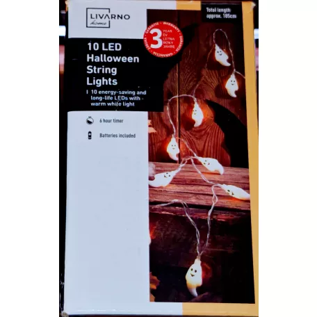 Livarno Home 10 LED Halloween SPIRIT Strings Light 185 cm elemes szellem / tök / denevér fényfüzér 6 órás időzítővel, 10 db halloweeni motívummal (HG13258C)
