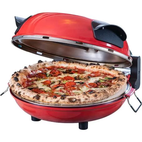 Hausmeister Da Gennaro 1200W 30 cm elektromos pizzasütő, piros pizzakemence betekintő ablakkal, 305 x 10 mm pizzakővel, fém pizzalapáttal