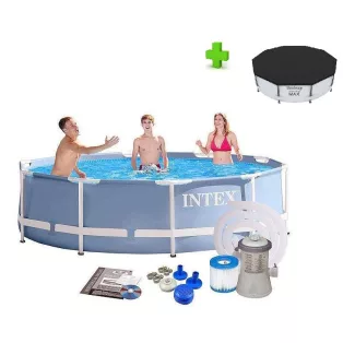   INTEX Prism Frame PREMIUM Steel Pro MAX Málta / Maui VT 305 x 76 cm szürke fémvázas kerti medence szett vízforgatóval és védőtakaróval