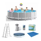 INTEX Metal Prism Superior DeLuxe 366 x 99 cm fémvázas kerti medence szett vízforgatóval, talajtakaróval, védőtakaróval és létrával 8.6 m3