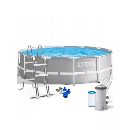 INTEX Metal Prism Superior DeLuxe 366 x 99 cm fémvázas kerti medence szett vízforgatóval, talajtakaróval, védőtakaróval és létrával 8.6 m3