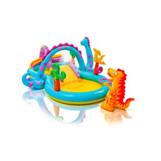   INTEX 57135 DinoLand Play Center csúszdás élménymedence, 333 x 229 x 112 cm vízi játszótér, kerti pancsoló medence csúszdával