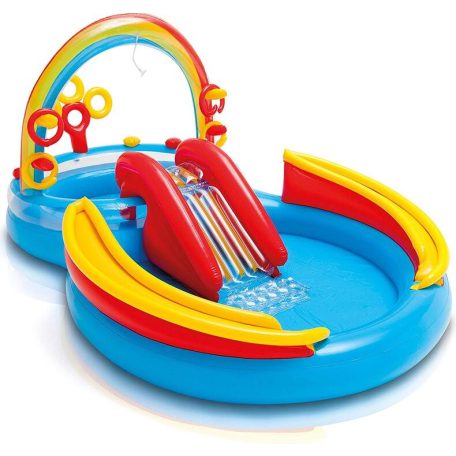  INTEX 57453 Rainbow Play Center 428L csúszdás, szivárvány élménymedence, 297 x 193 x 135 cm vízi játszótér, kerti pancsoló medence csúszdával