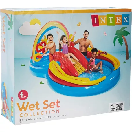  INTEX 57453 Rainbow Play Center 428L csúszdás, szivárvány élménymedence, 297 x 193 x 135 cm vízi játszótér, kerti pancsoló medence csúszdával
