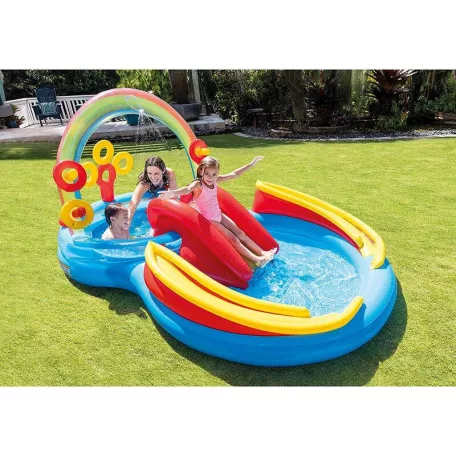  INTEX 57453 Rainbow Play Center 428L csúszdás, szivárvány élménymedence, 297 x 193 x 135 cm vízi játszótér, kerti pancsoló medence csúszdával