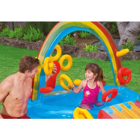  INTEX 57453 Rainbow Play Center 428L csúszdás, szivárvány élménymedence, 297 x 193 x 135 cm vízi játszótér, kerti pancsoló medence csúszdával