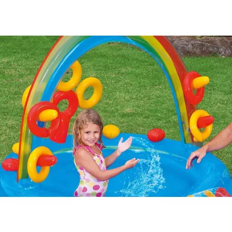  INTEX 57453 Rainbow Play Center 428L csúszdás, szivárvány élménymedence, 297 x 193 x 135 cm vízi játszótér, kerti pancsoló medence csúszdával