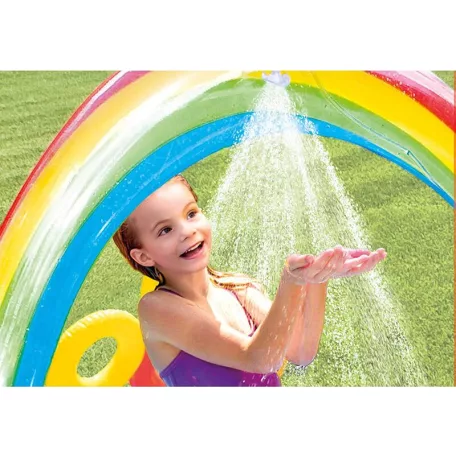  INTEX 57453 Rainbow Play Center 428L csúszdás, szivárvány élménymedence, 297 x 193 x 135 cm vízi játszótér, kerti pancsoló medence csúszdával