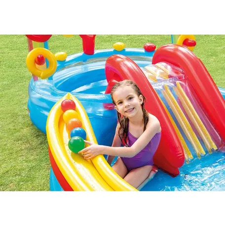  INTEX 57453 Rainbow Play Center 428L csúszdás, szivárvány élménymedence, 297 x 193 x 135 cm vízi játszótér, kerti pancsoló medence csúszdával