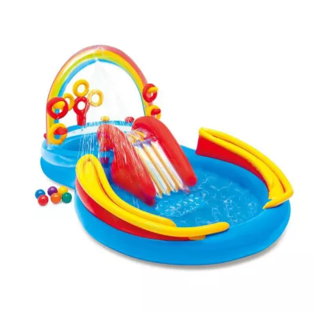  INTEX 57453 Rainbow Play Center 428L csúszdás, szivárvány élménymedence, 297 x 193 x 135 cm vízi játszótér, kerti pancsoló medence csúszdával