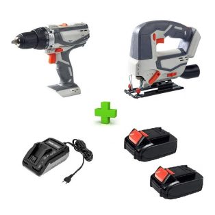   Auchan JD-524220 vezeték nélküli akkus szúrófűrész, dekopírfűrész + JD-631020A ütvefúró, fúró 2 db 20V 2Ah li-ion akkuval, 1 db töltővel