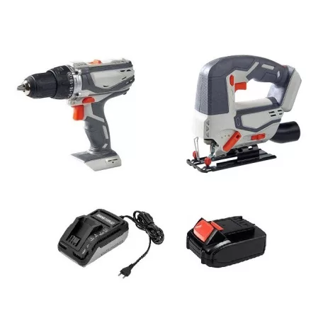 Auchan JD-524220 vezeték nélküli akkus szúrófűrész, dekopírfűrész + JD-631020A ütvefúró, fúró 1 db 20V 2Ah li-ion akkuval, 1 db töltővel