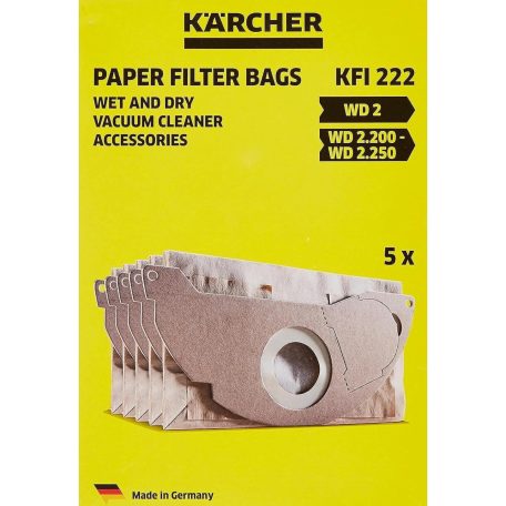 Karcher WD 2 / Kärcher KFI222 gyári 5 darabos papír porzsák WD 2 / WD 2.200 - WD 2.250 száraz-nedves porszívóhoz (6.904-322.0)