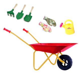   Klein 7 részes gyermek játék kerti szett: fém talicska, műanyag locsolókanna, kesztyű és fém / fa ültető szerszámok (ásó, gereblye, villa)