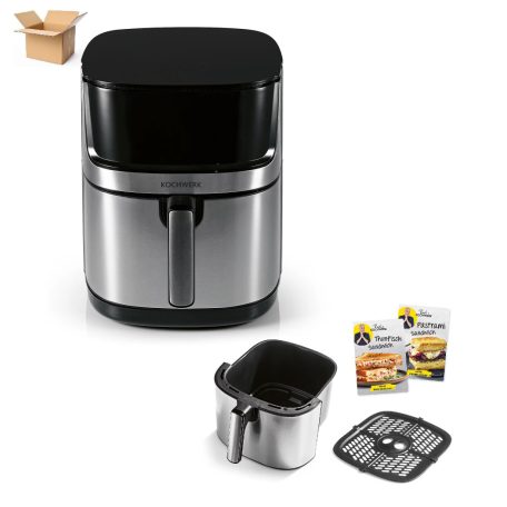 BCS Kochwerk Dual Heat AirFryer XXL 2200W 7.5L inox, nemesacél digitális Air Fryer, olajmentes olajsütő, 7.5 literes légkeveréses forrólevegős sütő, betekintő ablakkal, alsó-felső fűtéssel bontott csomagolásban