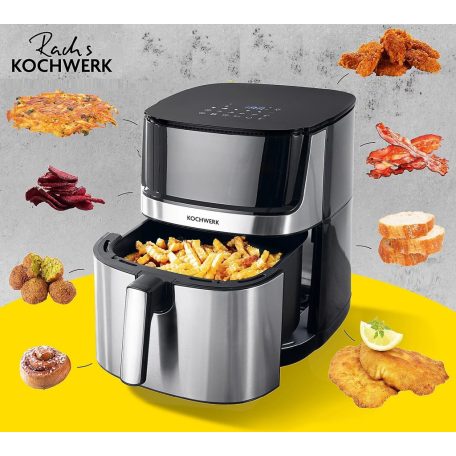 BCS Kochwerk Dual Heat AirFryer XXL 2200W 7.5L inox, nemesacél digitális Air Fryer, olajmentes olajsütő, 7.5 literes légkeveréses forrólevegős sütő, betekintő ablakkal, alsó-felső fűtéssel bontott csomagolásban