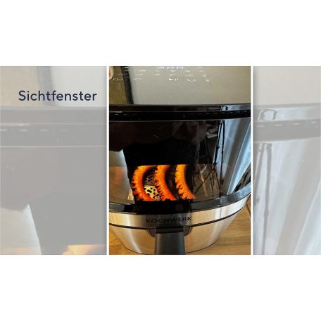 BCS Kochwerk Dual Heat AirFryer XXL 2200W 7.5L inox, nemesacél digitális Air Fryer, olajmentes olajsütő, 7.5 literes légkeveréses forrólevegős sütő, betekintő ablakkal, alsó-felső fűtéssel bontott csomagolásban