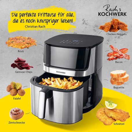 Kochwerk Dual Heat AirFryer XXL 2200W 7.5L inox, nemesacél digitális Air Fryer, olajmentes olajsütő, 7.5 literes légkeveréses forrólevegős sütő, betekintő ablakkal, alsó-felső fűtéssel